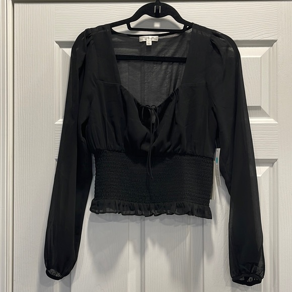 nine britton sheer black long puff sleeve scoop neck smocked peasant blouse-S - Picture 6 of 9